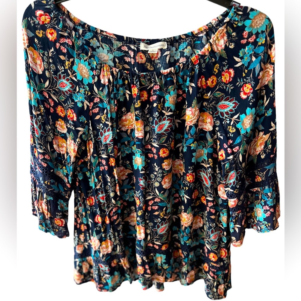 JohnPaulRichard Multi Colored Floral Print on Navy with Flowy Sleeves. Size = L.